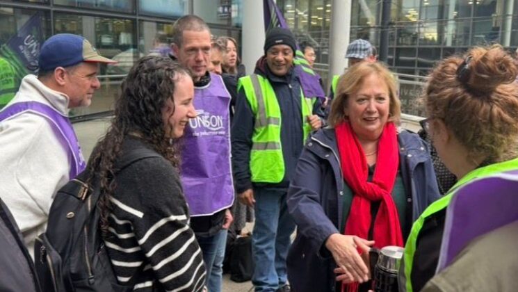 Christina McAnea meets striking transport workers outside the TfGM headquarters.